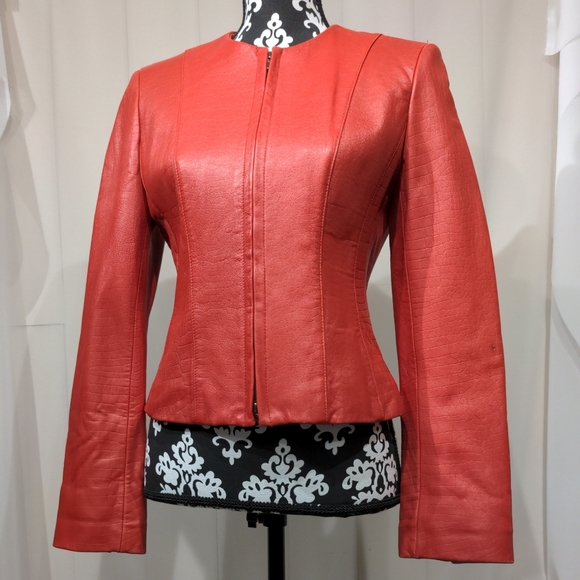 Anne Klein Jackets \u0026 Coats | Sz 4 Red Textured Leather Fitted Jacket AK Anne Klein 2-Way Zip Up Zip Down | Color: Red | Size: 4 | Chembrat13's Closet